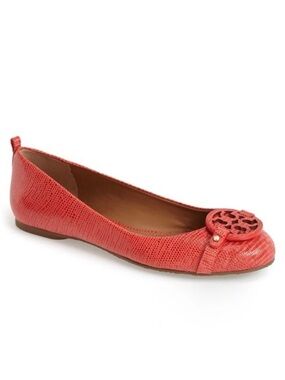 Tory Burch Mini Miller Ballet Flat Size 8 Melon Lizard Embossed Leather Double-T